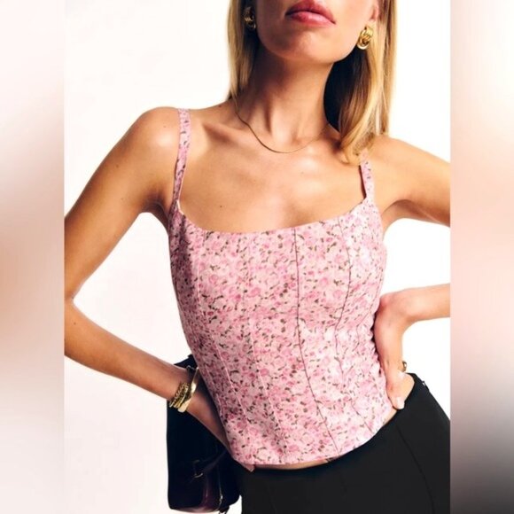 NEW Reformation Hattie Linen Top in Rosin Pink Floral | size 2 - Picture 1 of 12
